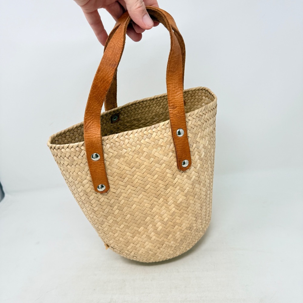 Unbranded Woven Straw Tote Bag Tan Small Beach Summer Boho Basket Leather Handle